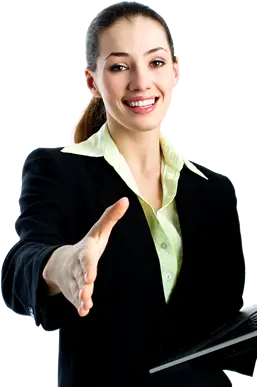 Image of a young professional woman extending her hand in a welcome gesture. TecProds - TechSolutions for Financial, Professional Growth!