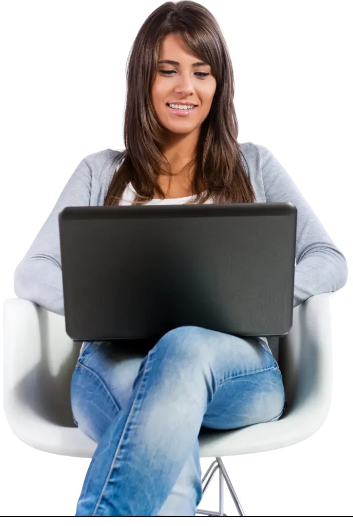 A professional young woman sitting in an ergonomic chair with a laptop surfing through TecProds - Solutions for Financial Professional Growth