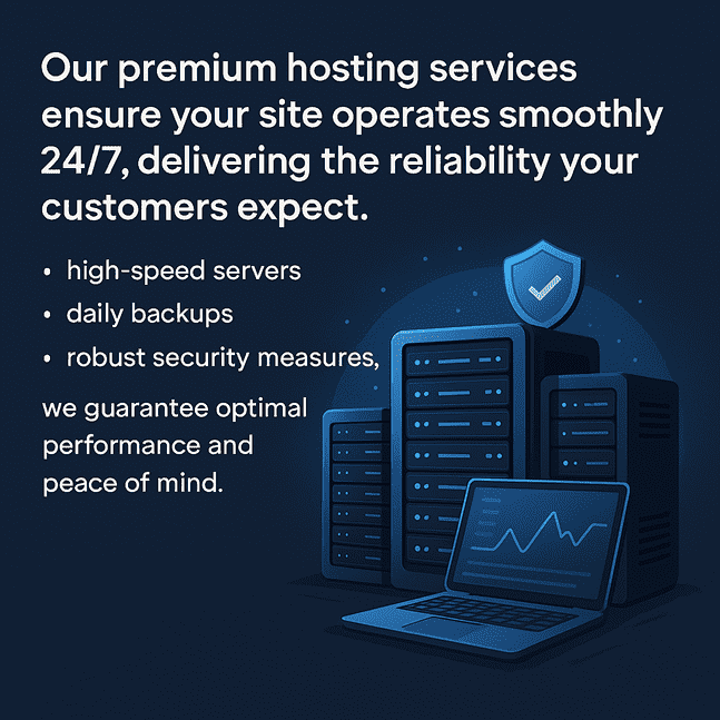 Our premium hosting services ensure your site operates smoothly 24/7, delivering the reliability your customers expect. With high-speed servers, daily backups, and robust security measures, we guarantee optimal performance and peace of mind.