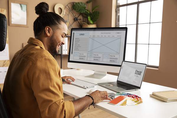 a website designer sitting behind a desk in front of a laptop designing a website for TecProds.com - Solutions for Financial, Professional Growth