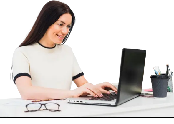 Young female professional working on her laptop, doing marketing for TecProds - Solutions for Finalcial, Professional Growth